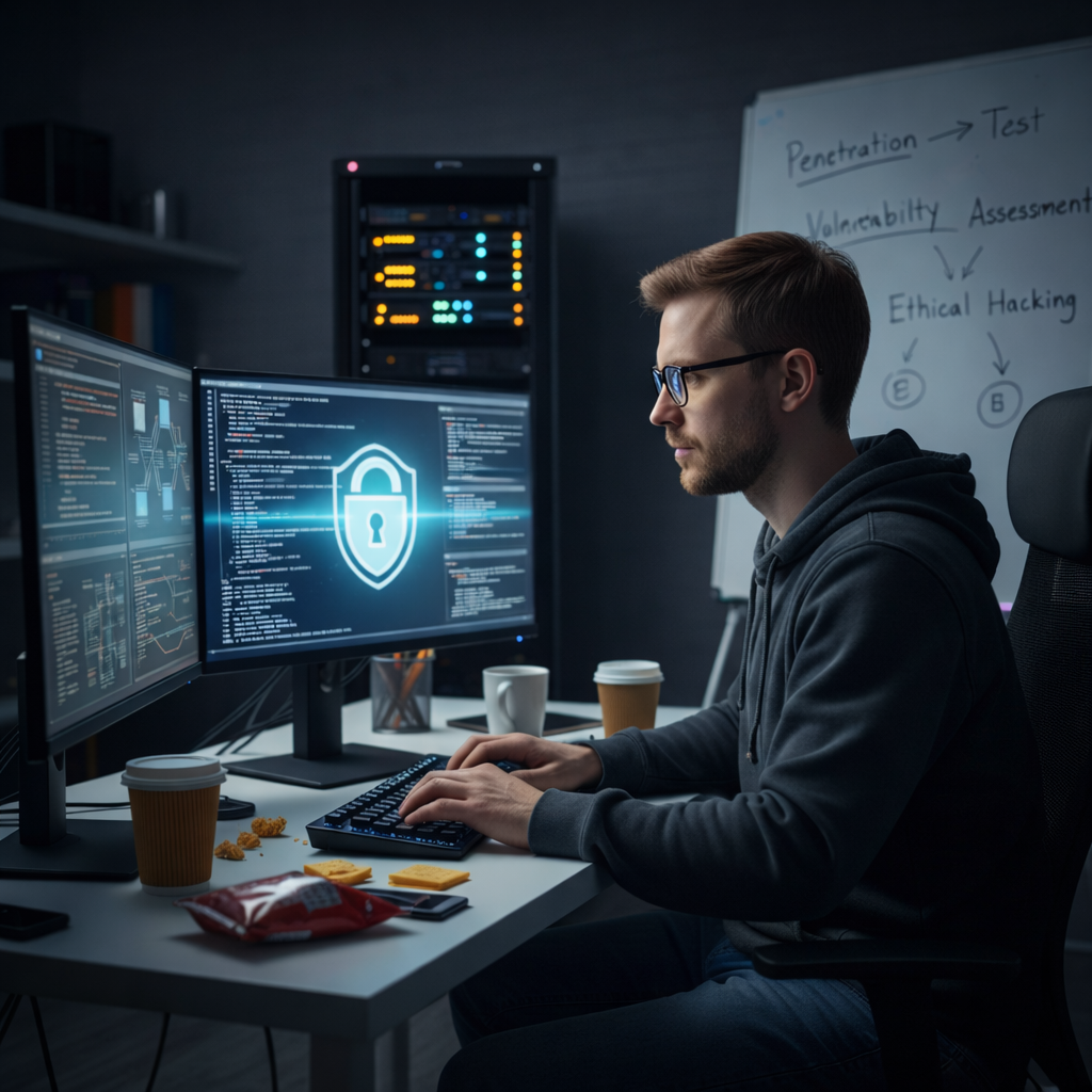 Експерт по киберсигурност, работещ на няколко монитора